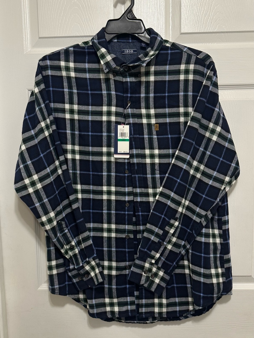 NWT IZOD Men’s Shirt Large L Plaid Button Down Long Sleeve Navy Blue Green White